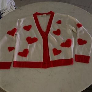 Alice + Olivia Red and White Heart Cardigan call out missing buttons